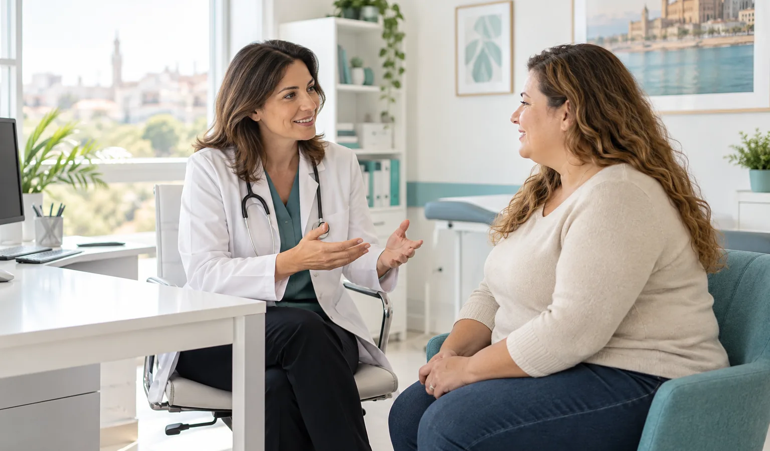 Médica conversando con una paciente sobre opciones para tratar la obesidad