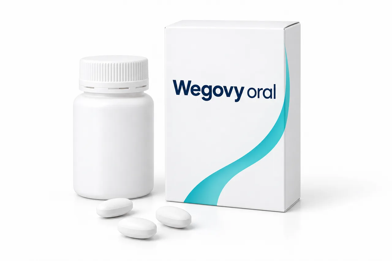 Ilustración informativa de una caja de Wegovy oral, un frasco y tres pastillas