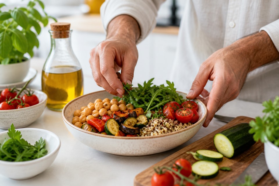 Preparación de una comida mediterránea con legumbres y verduras
